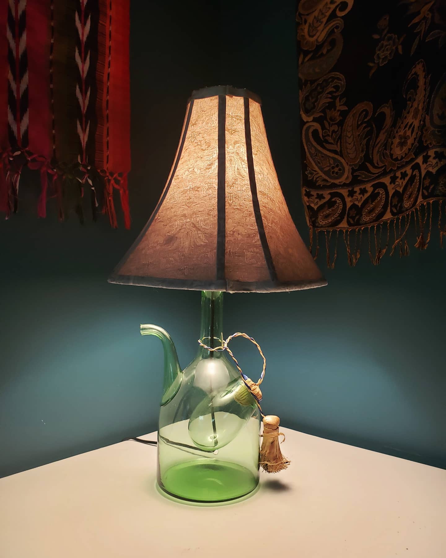 Lamp made from an Italian wine bottle decanter, crafted using diamond tip drill bits for glasswork.