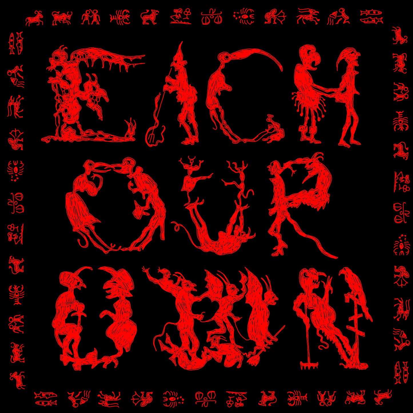 A black t-shirt with a red graphic print of various characters and symbols in a patterned arrangement around the edges.