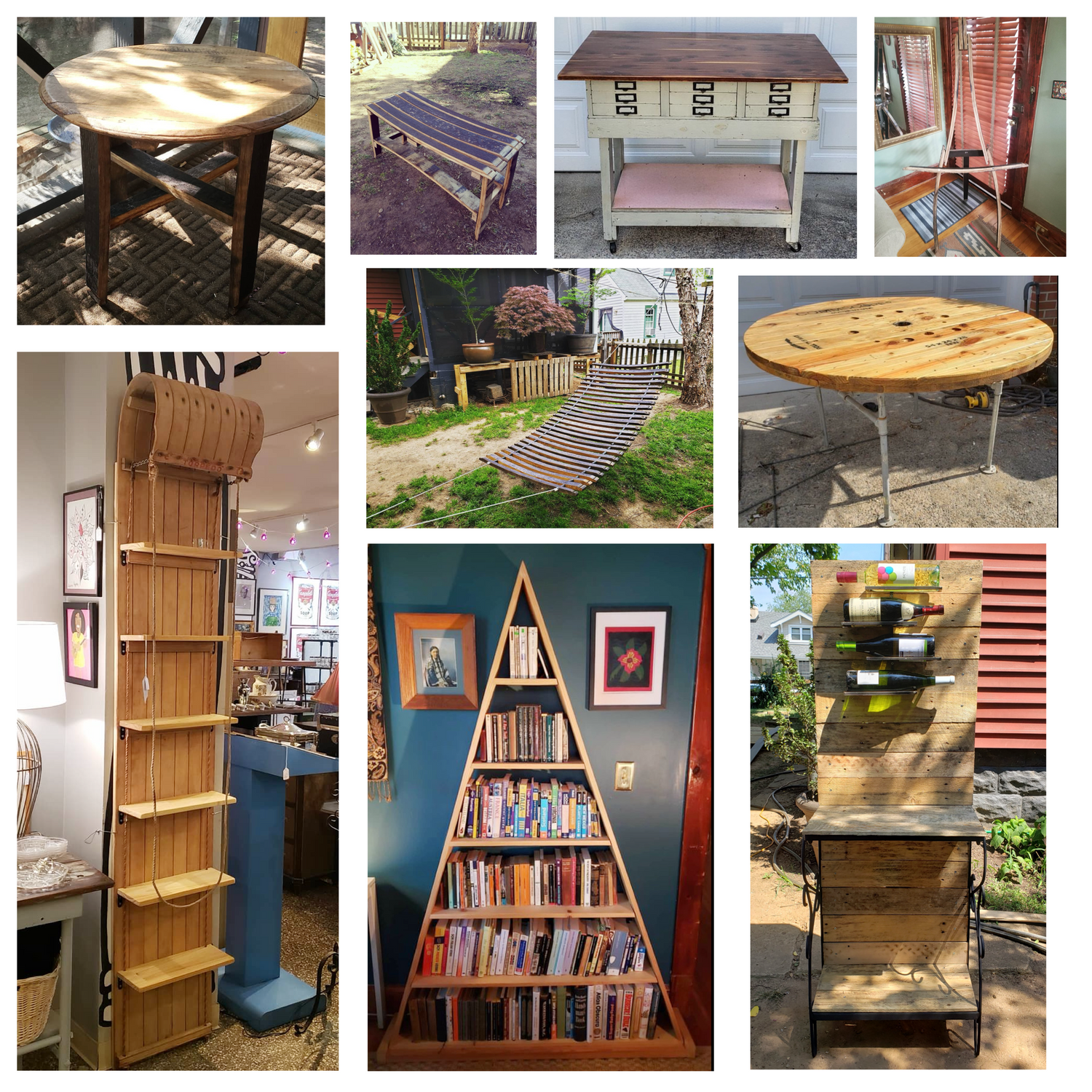Square collage of repurposed furniture and decor by Fox & Thistle Studio, featuring a cable spool table with gas pipe legs, a pyramid bookshelf, an 8-foot toboggan shelf, a reworked industrial cart, a pallet wine bar, and multiple pieces made from barrel staves including a bench, hammock, easel, and side table.