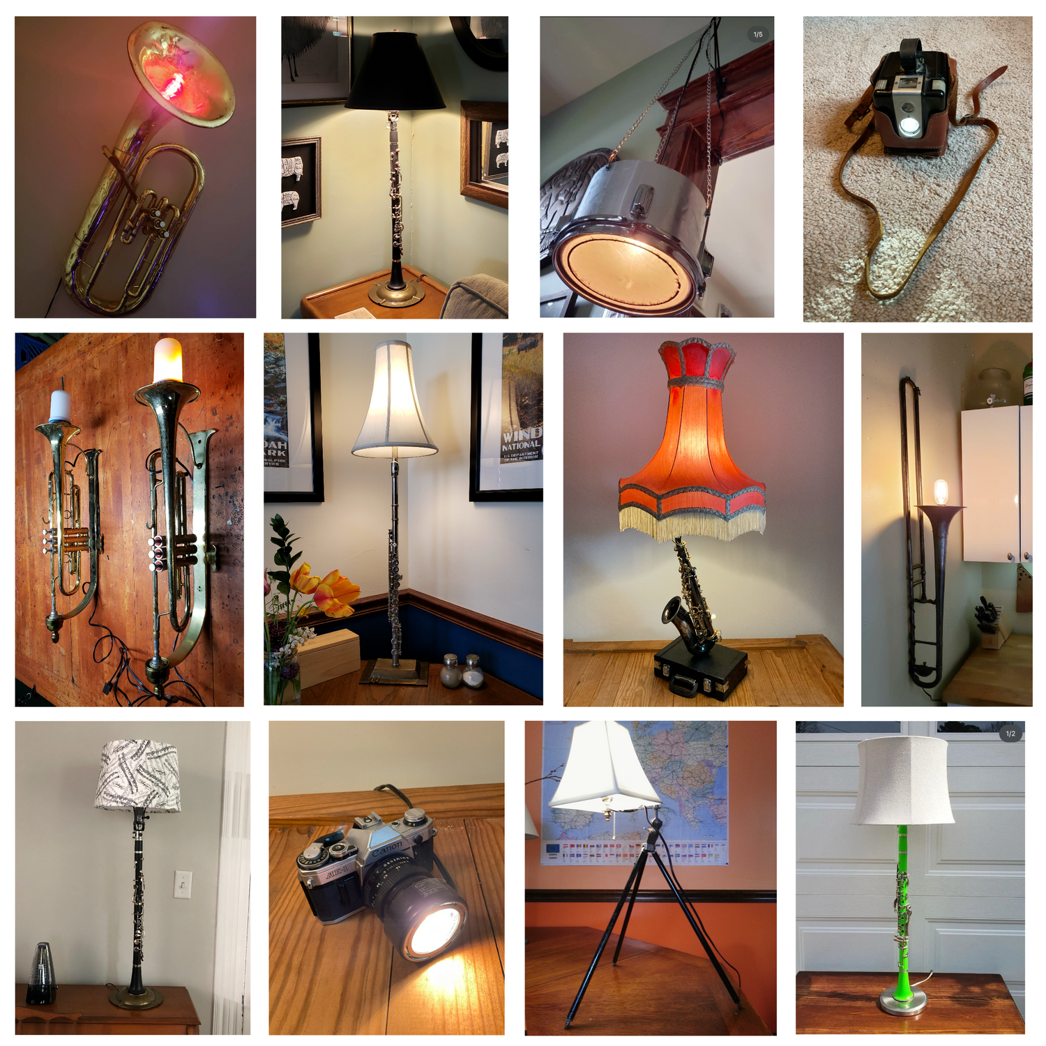 Multiple images showcasing our studio's creative lighting, including lamps made out of broken cameras, busted instruments, and discarded trash.