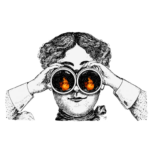 Vintage image of a man watching disaster through binoculars, from a safe distance.