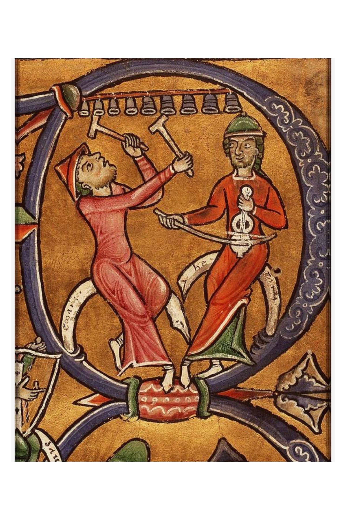 Medieval marginalia image of two musicians seated and freely playing instruments.