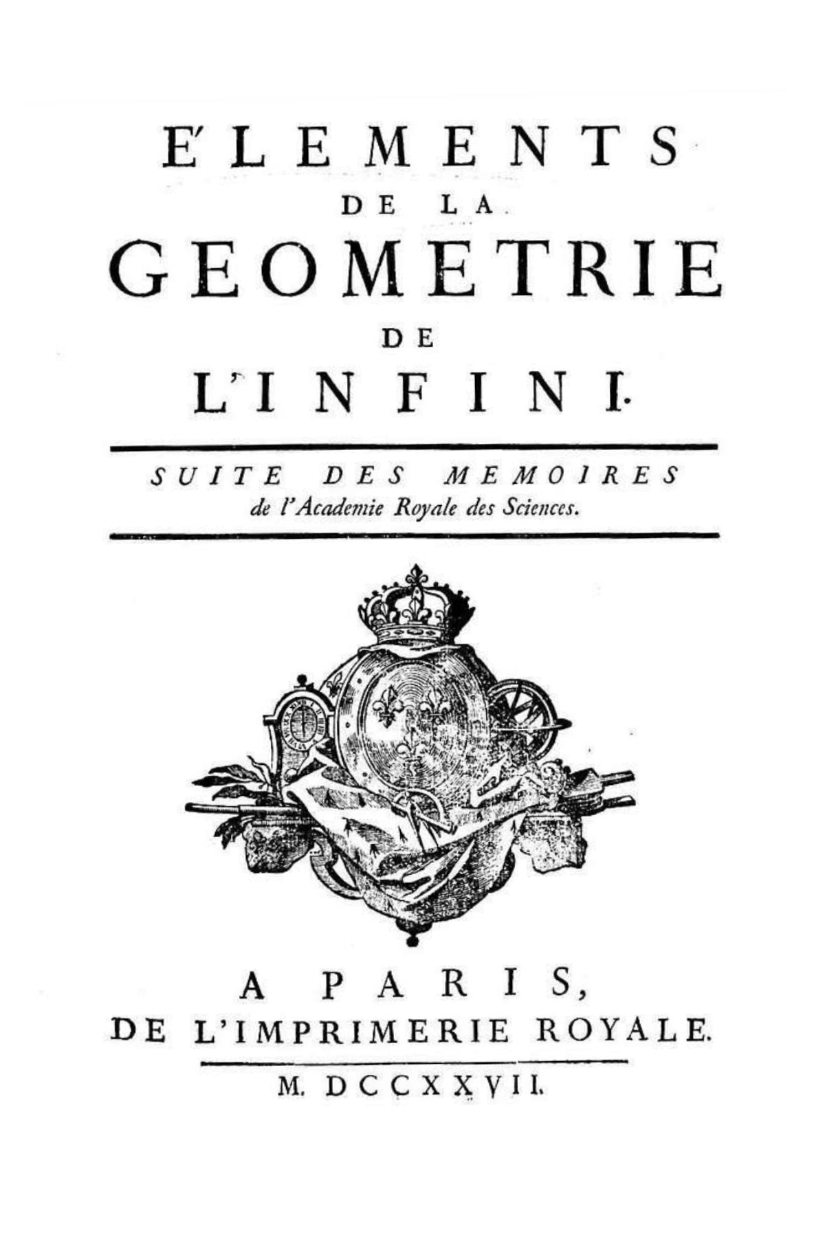 Front cover of the 1700’s Éléments de la Géométrie de l’infini, in black and white.