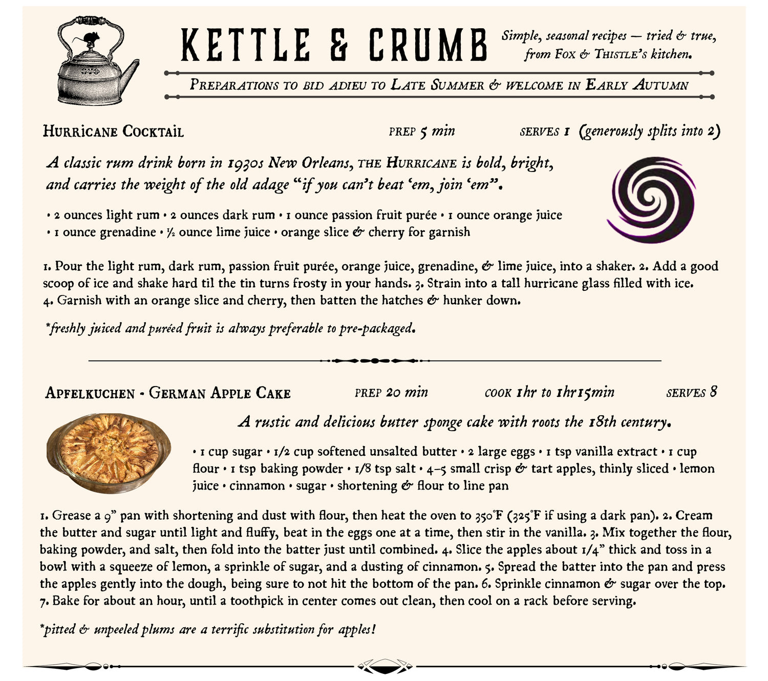 Poster 'Kettle & Crumb' with seasonal recipes from Fox & Thistle's kitchen. Features Hurricane Cocktail (5 min prep, serves 1-2) with rum, passion fruit, and grenadine, and Apfelkuchen German Apple Cake (20 min prep, 1hr-1hr15min cook, serves 8) with a rustic butter sponge and 18th-century roots. Includes images of a teapot, cocktail swirl, and apple cake.