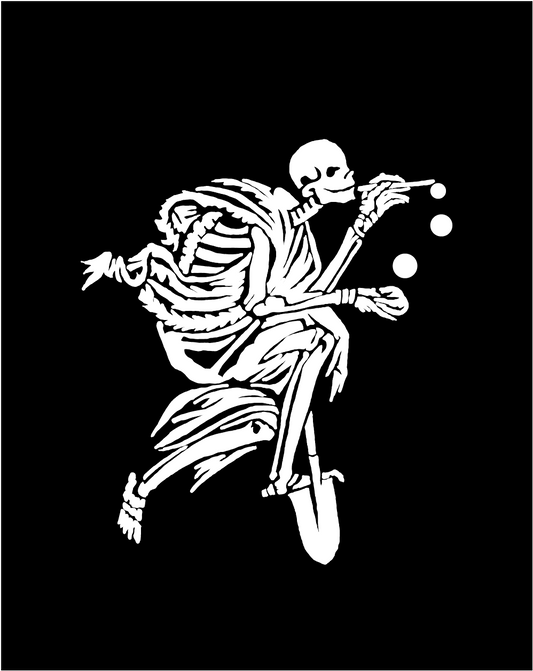 A graphic t-shirt with a white print of a skeleton blowing bubbles through a straw, on a black background.