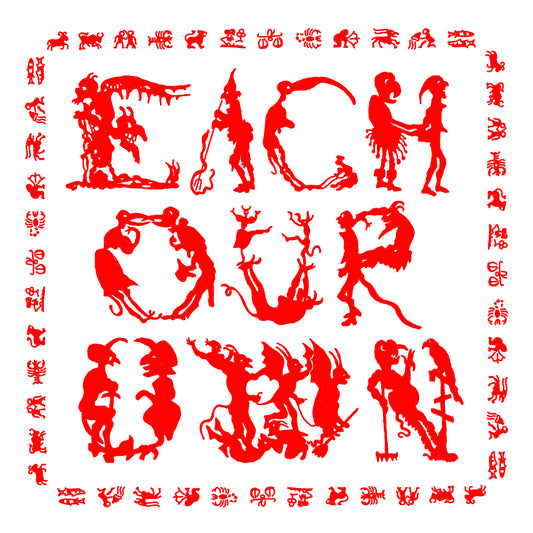 Each Our Own illustration made up of  18th century type depicting colonial persons being harassed by devils. Zodiac symbols around the border. Original art from Fox & Thistle Studio.