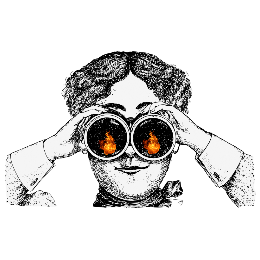 Vintage-style black and white illustration of a person with center-parted hair and a scarf, holding binoculars up to their eyes. Reflected in the lenses is a starry sky with two vivid orange flames burning in each scope. This image represents Fox & Thistle Studio’s recurring series, “The Doomsday Hintercast.”
