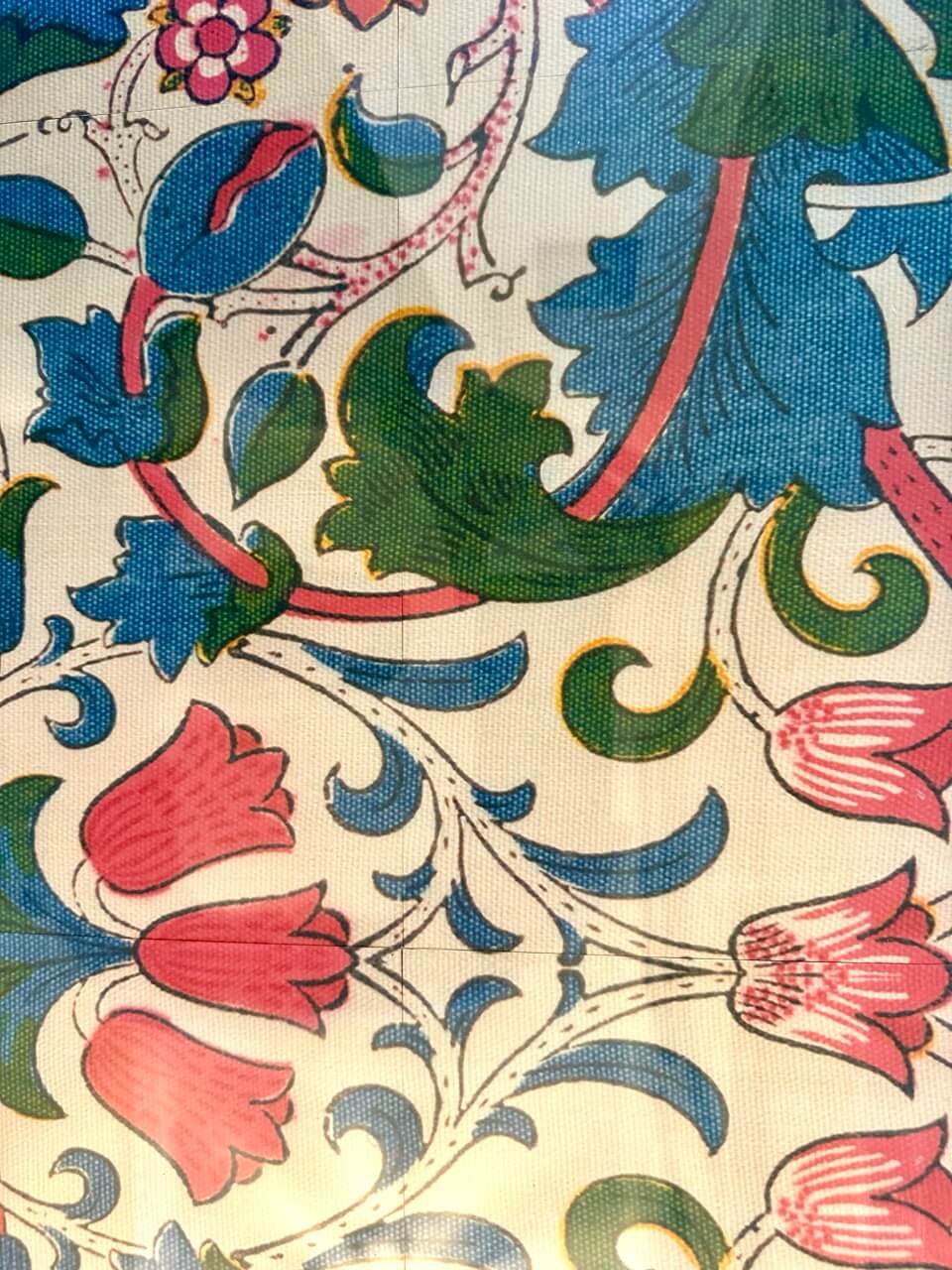 Close-up of a floral and leaf pattern with pink tulips and green leaves on a beige background.