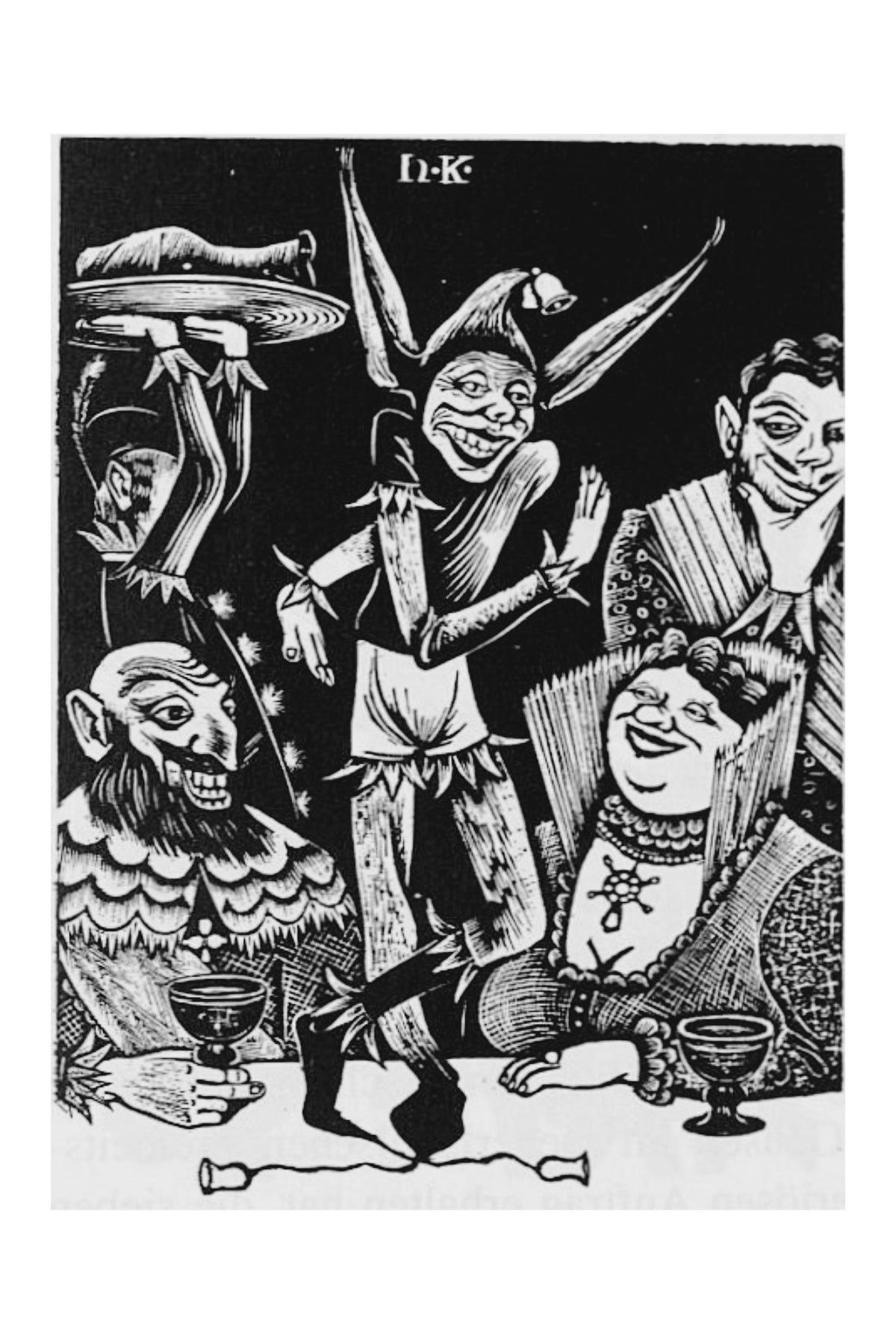 Black and white print of 'a fool' standing on a banquet table with bells on his shoes, making a performance. Revelers are seated and standing around laughing. A servant passes in the background with a plate with a large piece of meat on top.