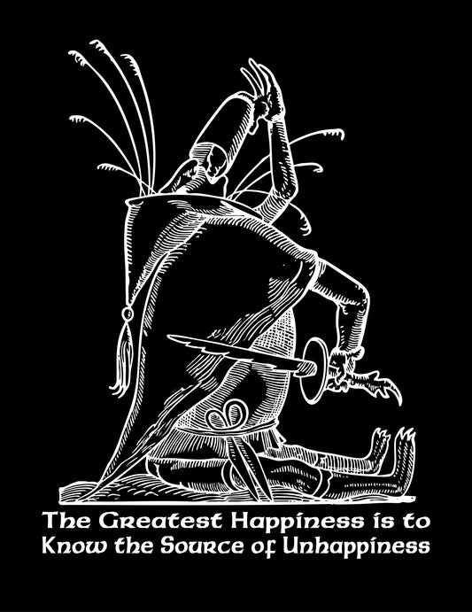 Black and white illustration of a seated figure with text on a black background