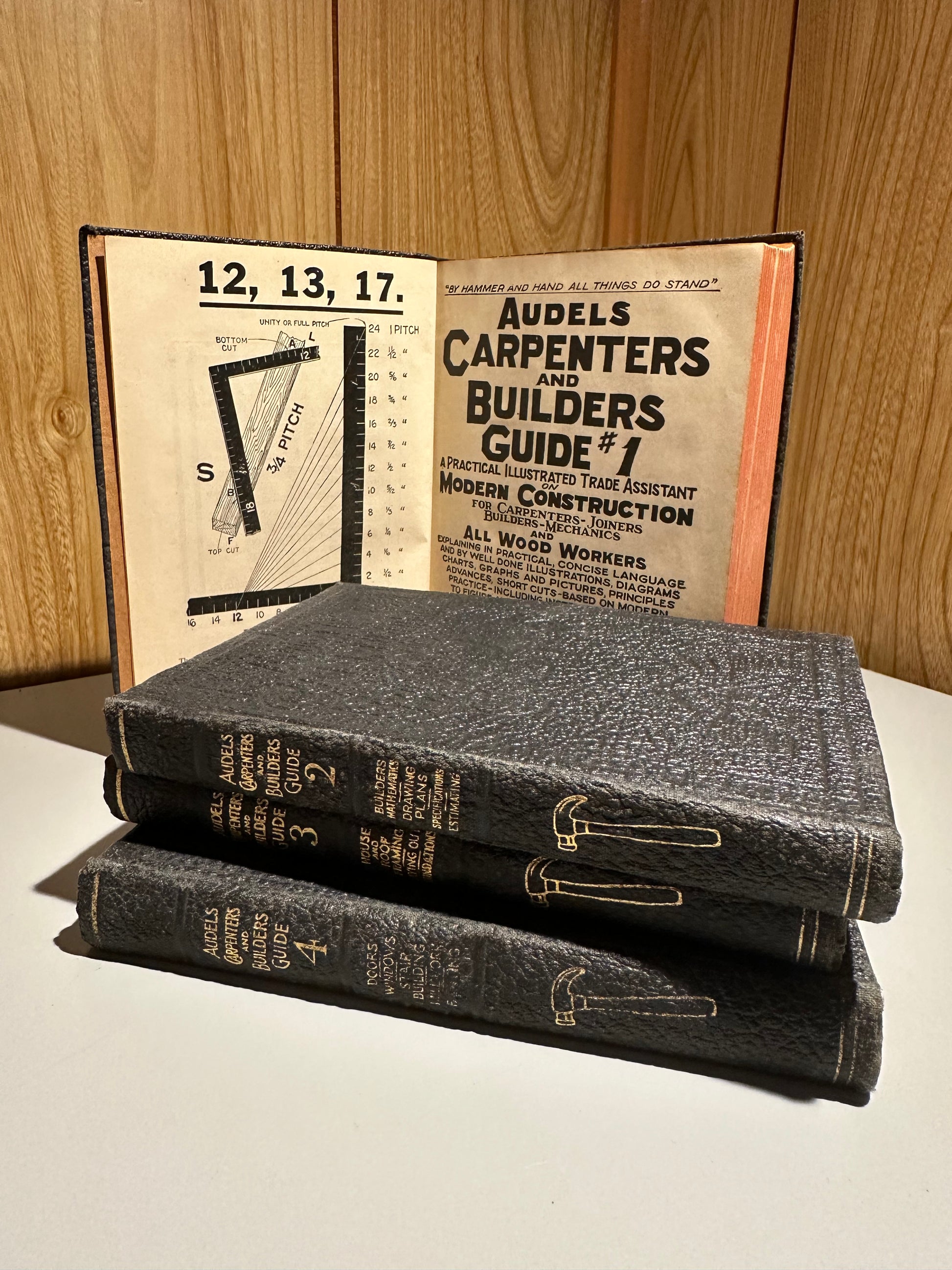 Stack of books with a vintage design on a wooden surface