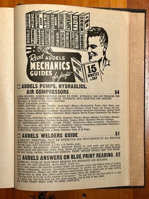 Vintage advertisement for Audels Mechanics Guides on a wooden surface