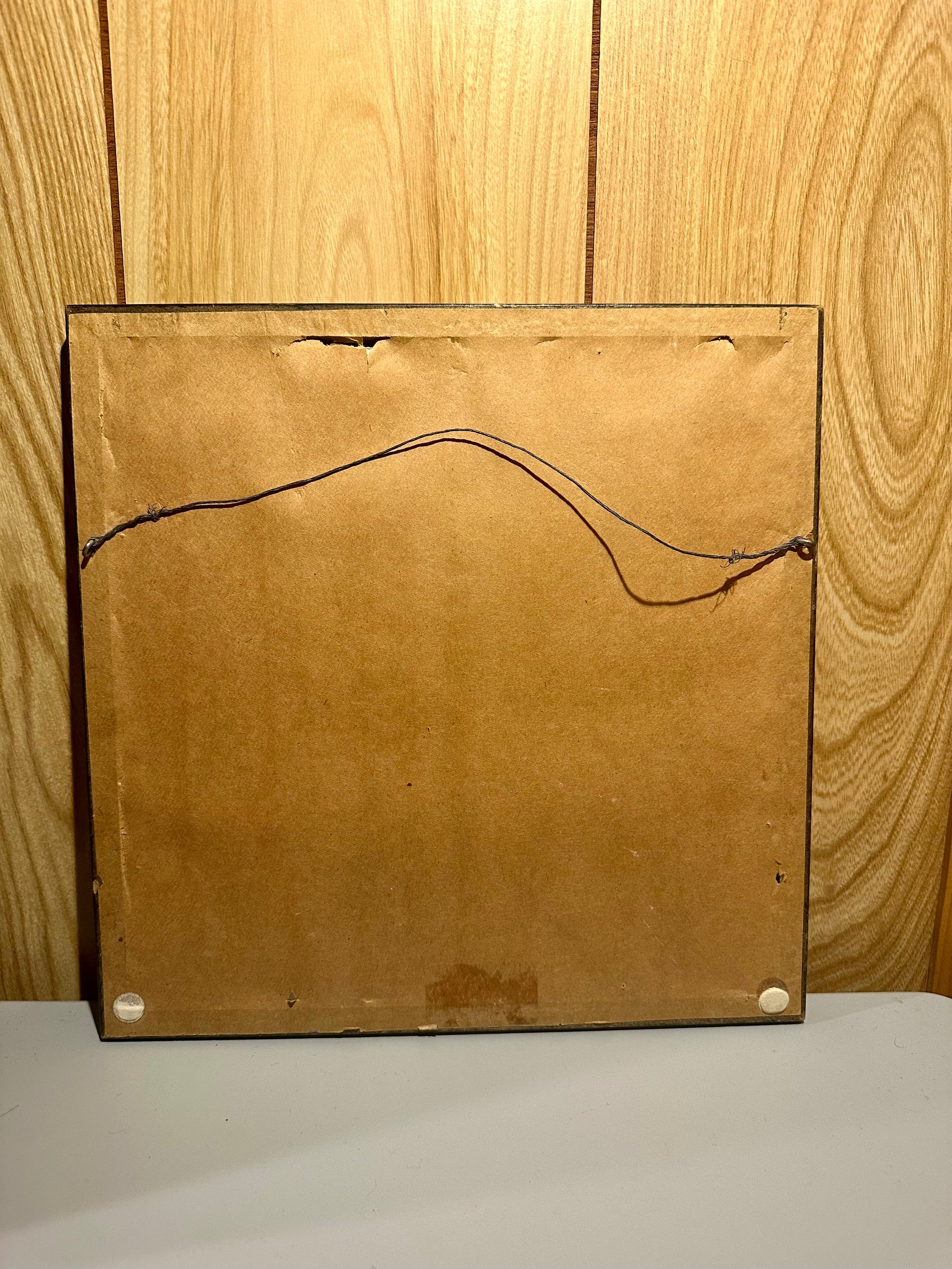 Back of a painting with a cardboard backing on a wooden panel.