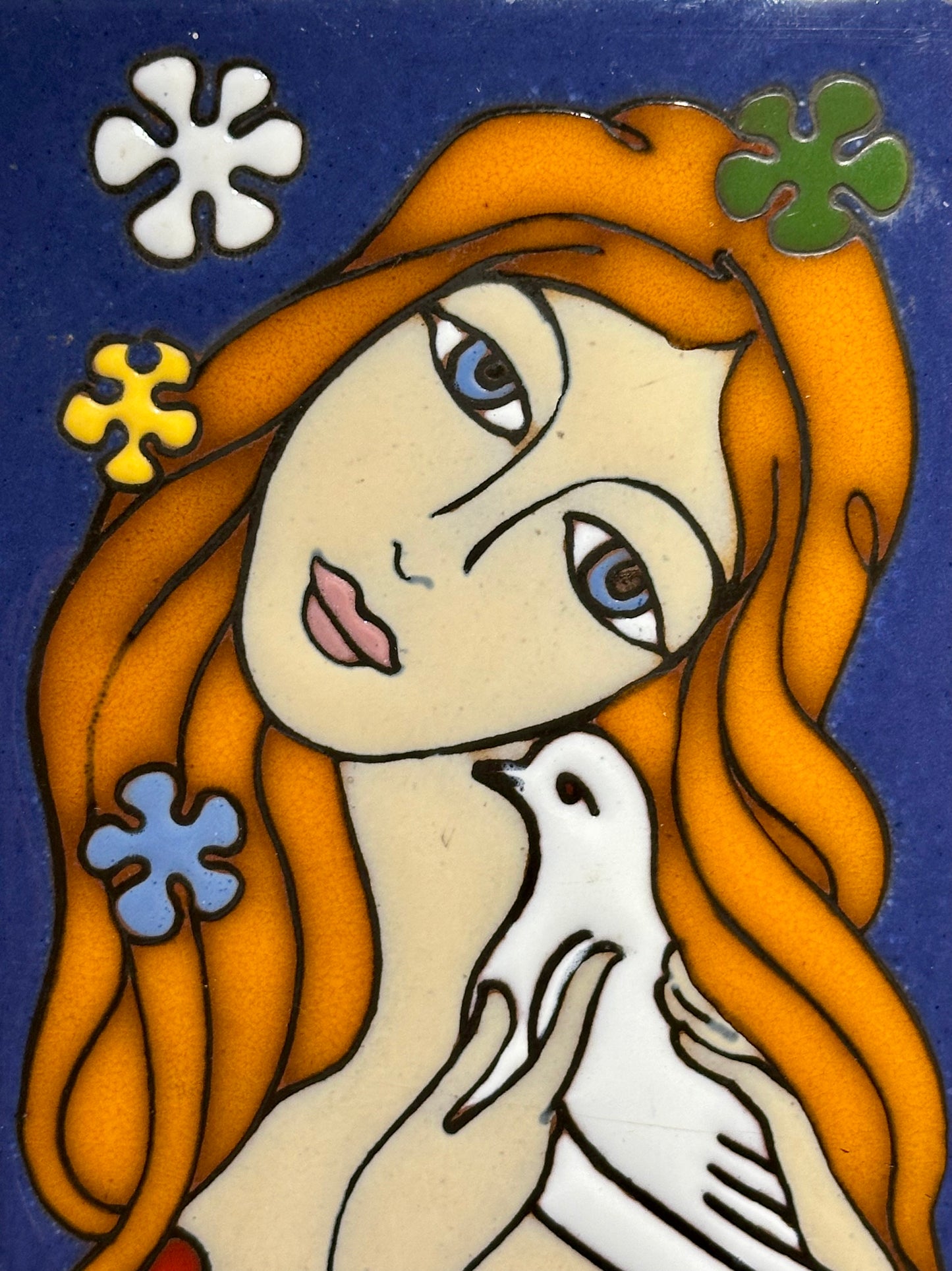 Illustration of a woman with long orange hair holding a white dove against a blue background.