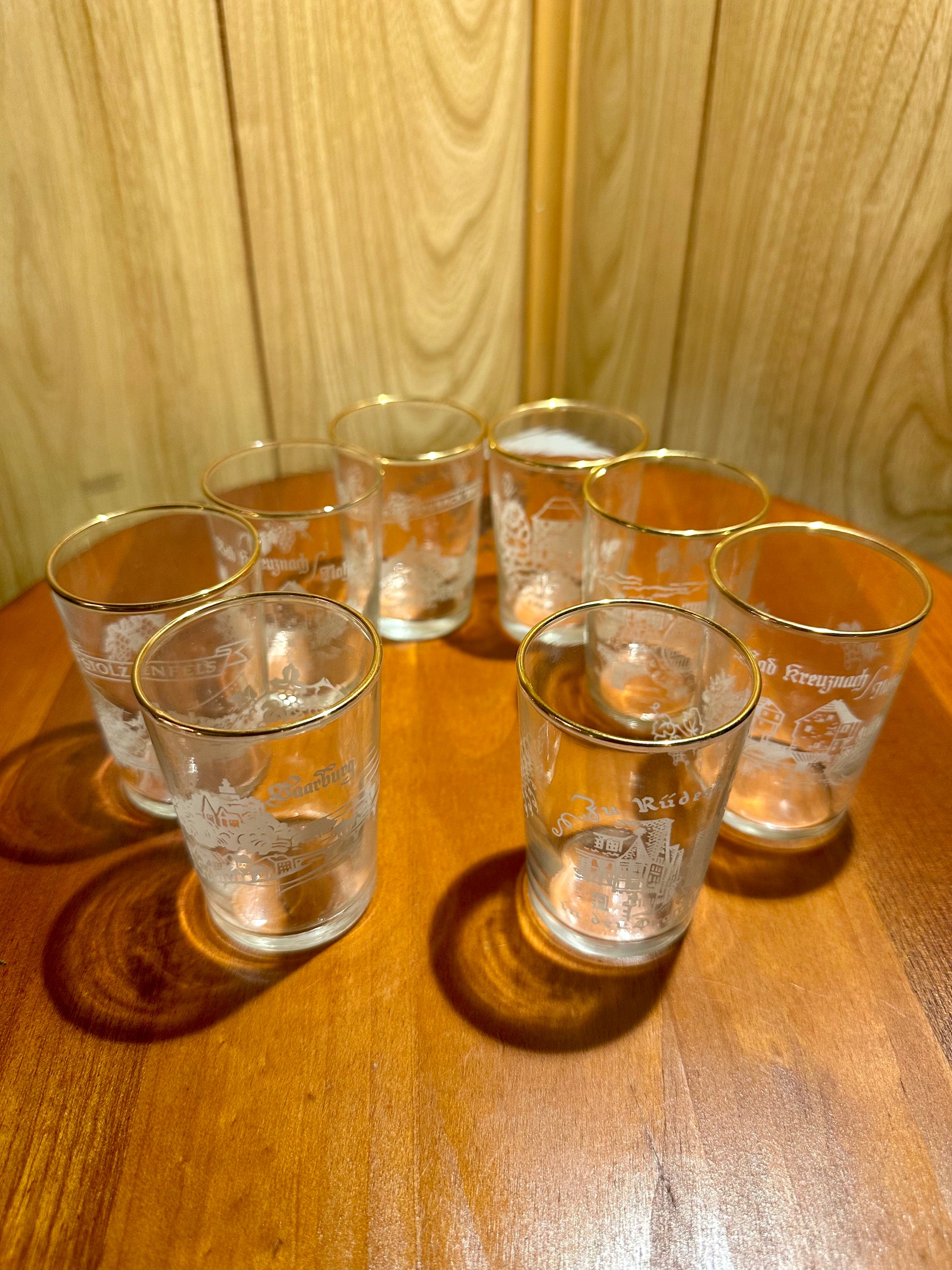 Set of eight etched shot glasses on a wooden surface with a wooden panel background.