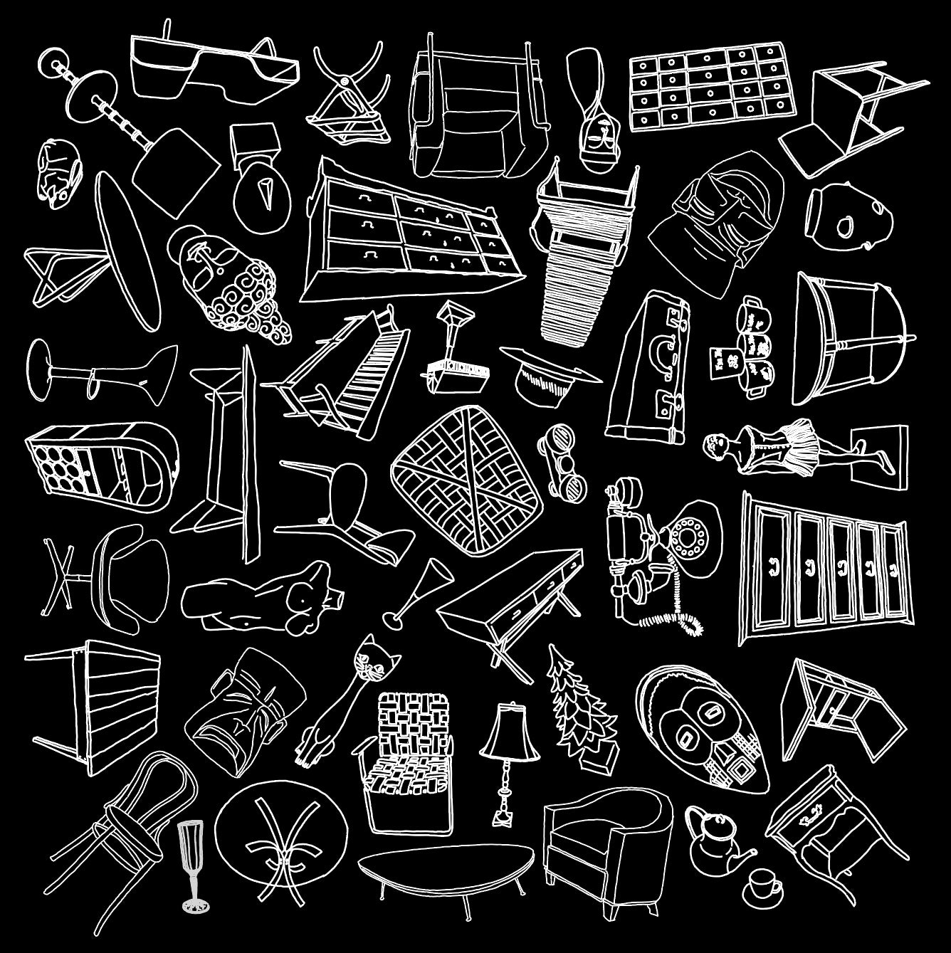 White-on-black line drawing titled Tinker's Wrap Bandana by Fox & Thistle Studio. Features vintage items—sculptures, masks, tables, chairs, phones, figurines, and glassware—stylized and radiating outward from the center in a symmetrical square design.