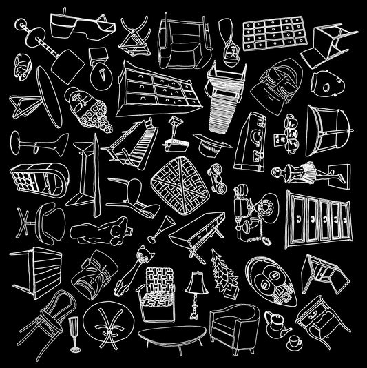 White-on-black line drawing titled Tinker's Wrap Bandana by Fox & Thistle Studio. Features vintage items—sculptures, masks, tables, chairs, phones, figurines, and glassware—stylized and radiating outward from the center in a symmetrical square design.