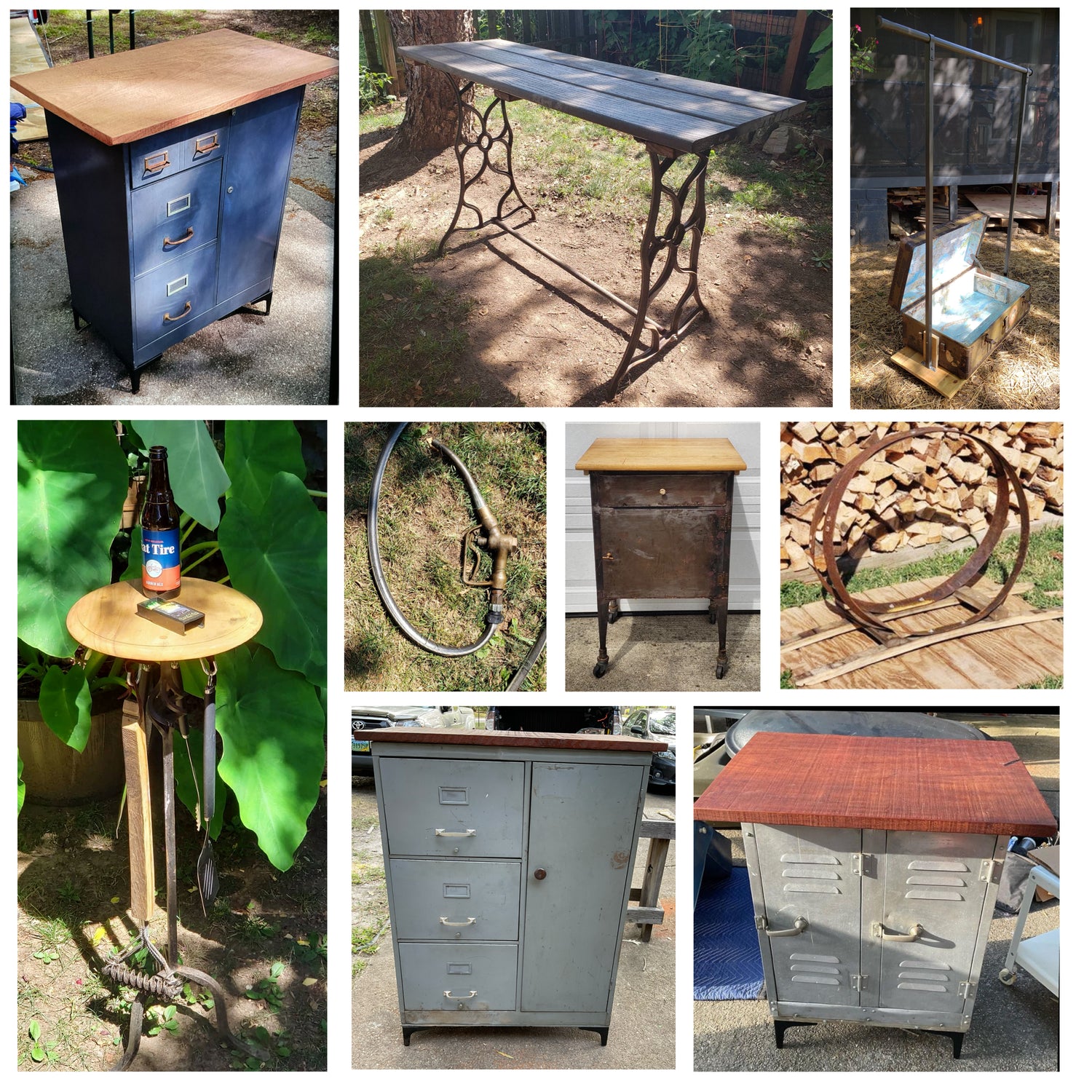 Illustrated collage of salvaged metal upcycling projects, including file cabinets and lockers with wooden tops, Singer sewing machine tables, a footlocker clothing rack on wheels, a firewood holder, grilling table, and an antique gas pump repurposed as a garden sprayer.