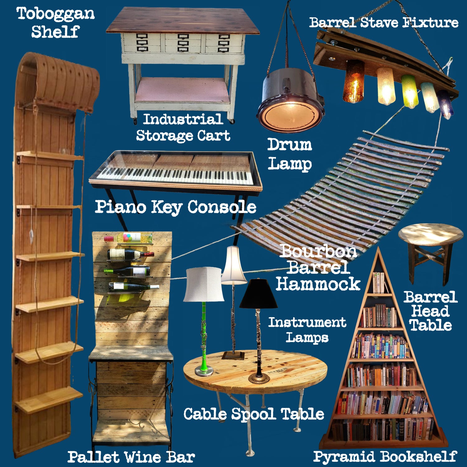 Collage on a blue background featuring a wide array of repurposed and upcycled merchandise handmade in our studio, including reclaimed wood furniture, salvaged metal projects, and creatively reimagined lamps.