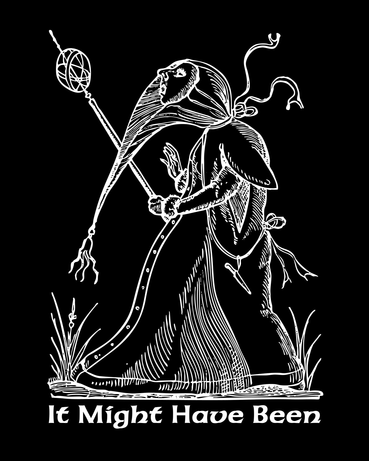 Might Have Been graphic tee woodcut art.