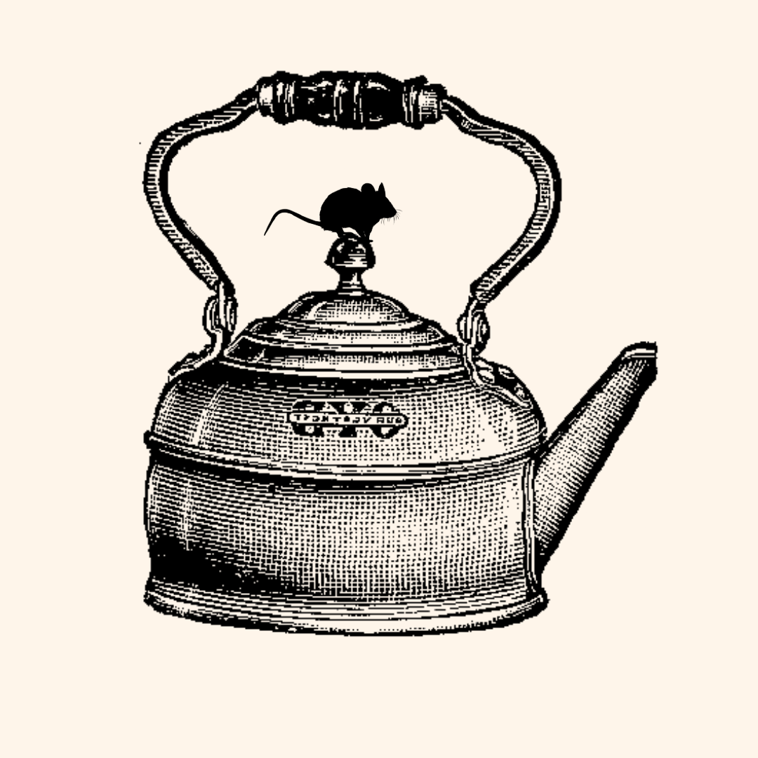Black and white illustration of a vintage teapot with a handle and lid, with a mouse balanced on top.