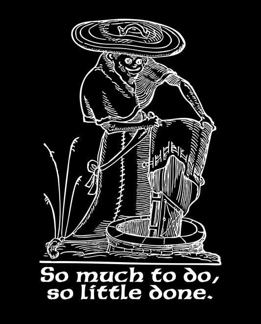 Much To Do graphic tee woodcut art.