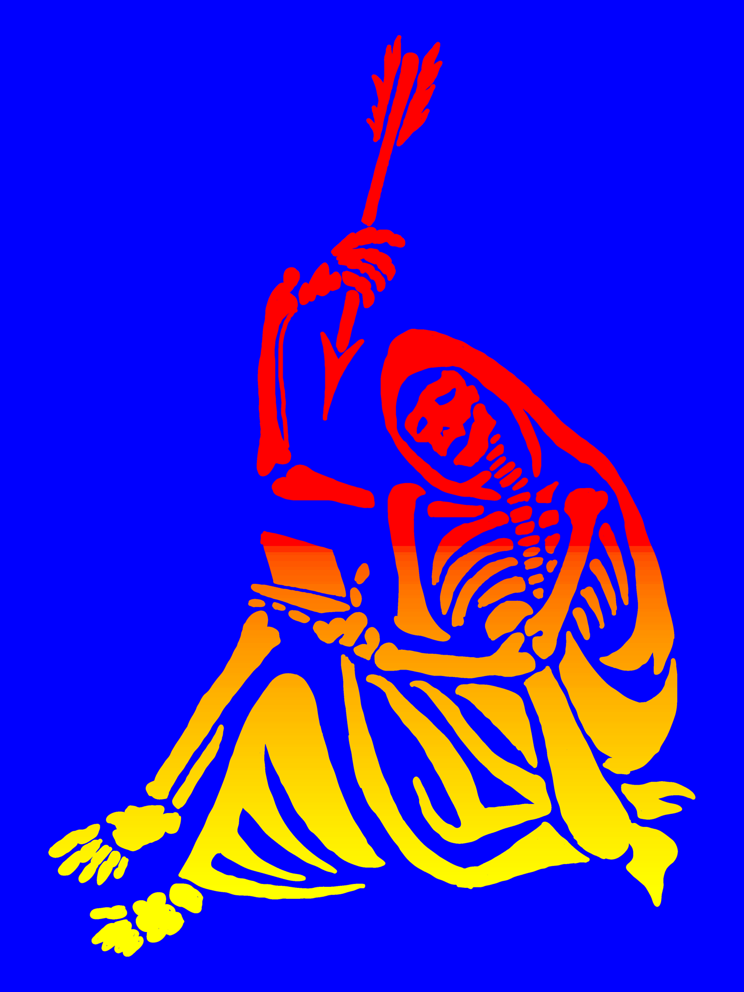 Skeletal figure with an arrow and notebook on a blue background