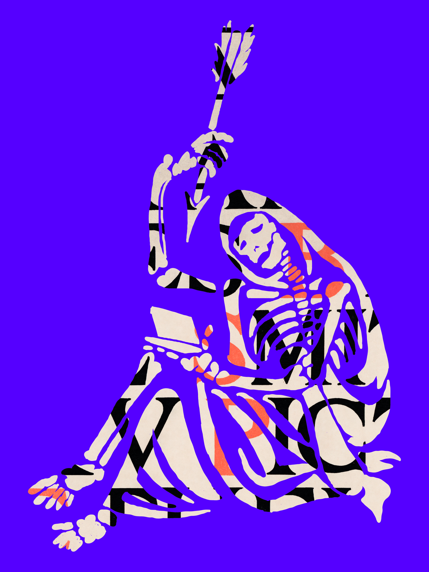 Graphic t-shirt design featuring a stylized skeleton holding a pen with a purple background.