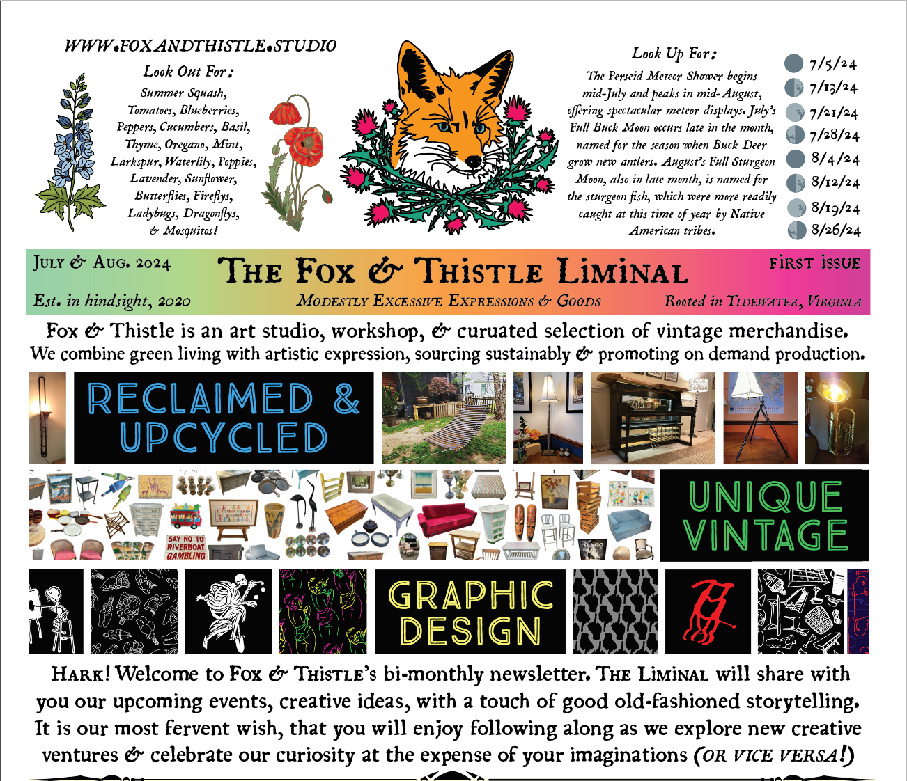 Vibrant screenshot of The Fox & Thistle Liminal front page, the studio’s exclusive creative almanac, displaying moon phases, flowering plants, a studio overview, event listings, poetry, and original illustrations.