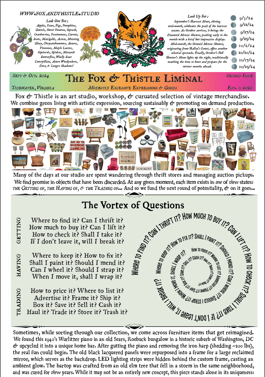 Colorful graphic showing the front page of the second issue of The Fox & Thistle Liminal. Features moon phases, blooming plants, a studio introduction, a spiral-shaped poem, vintage imagery, and a description of a piano transformed into a home bar.