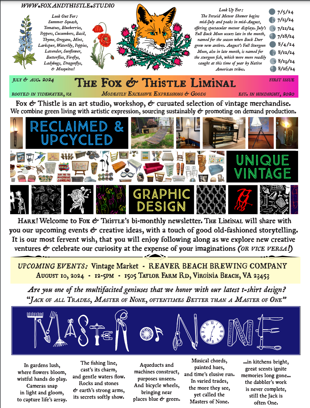 Colorful graphic of the front page of The Fox & Thistle Liminal, a creative almanac exclusive to the studio, featuring moon phases, blooming plants, studio introduction, upcoming events, poetry, and original artwork.
