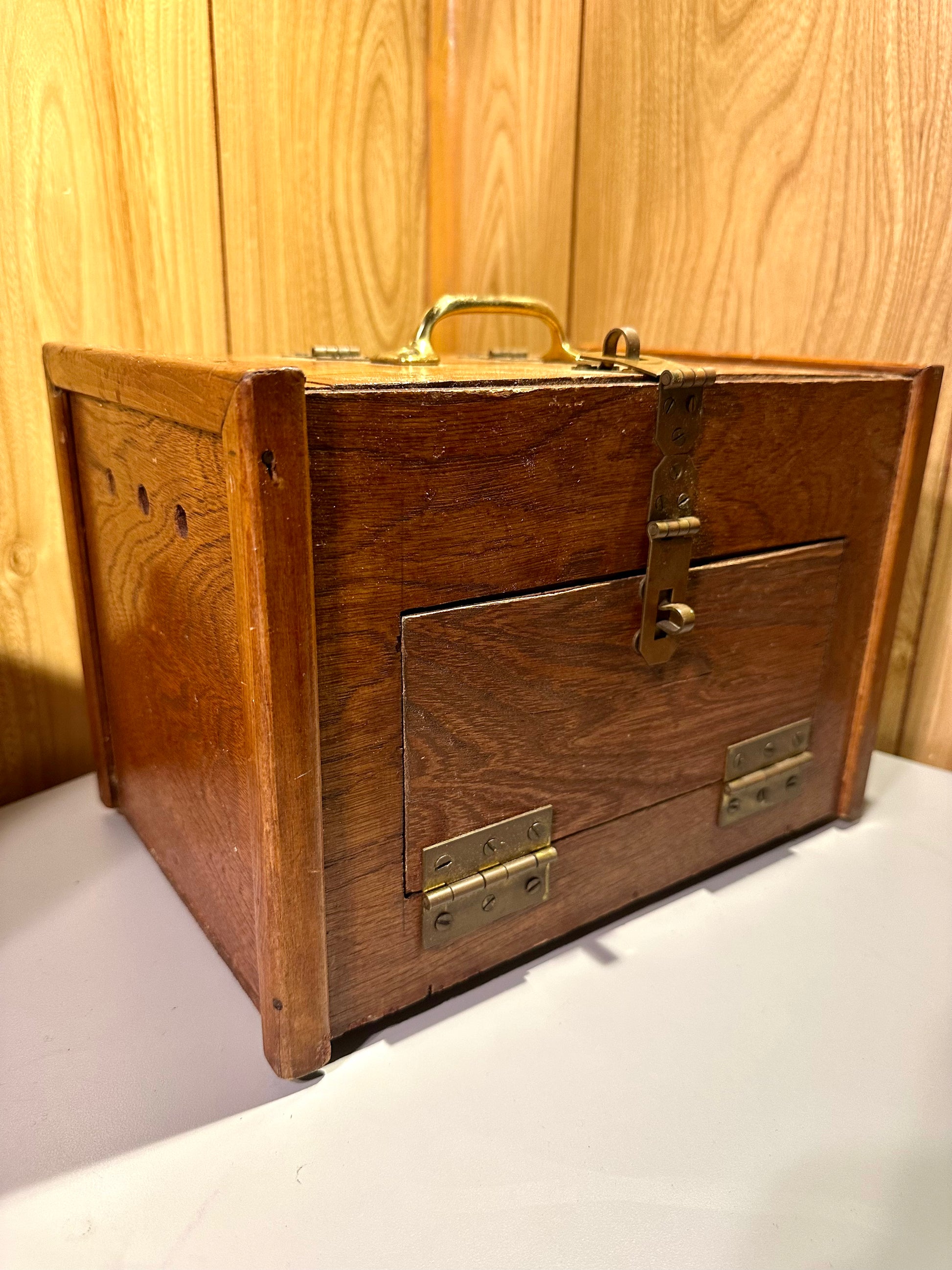 Wooden specimen box with brass hardware, 3/4 view.