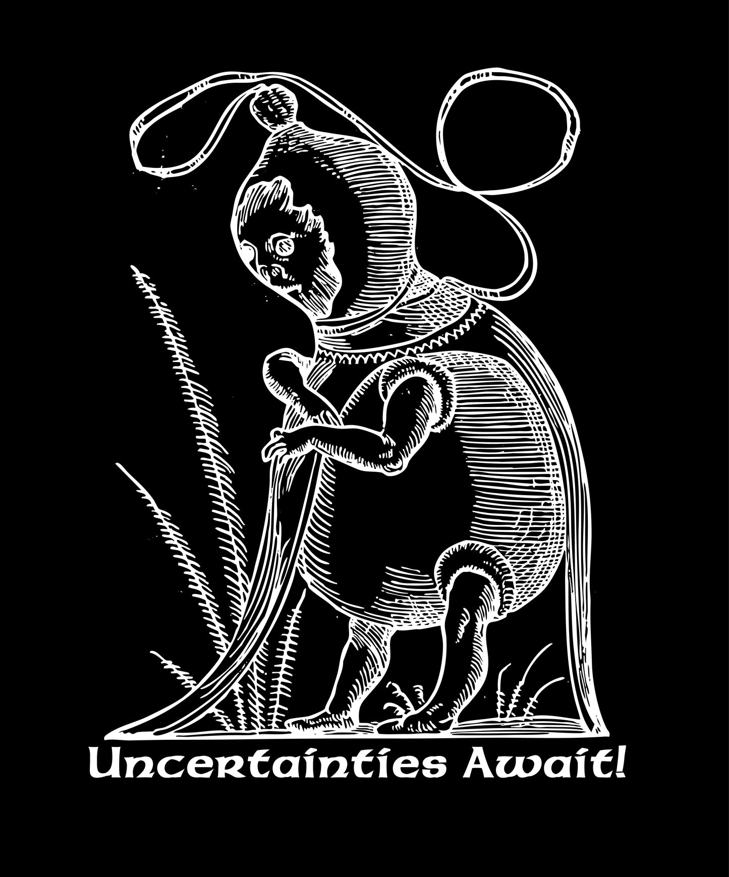 Uncertainties Await graphic tee woodcut art.