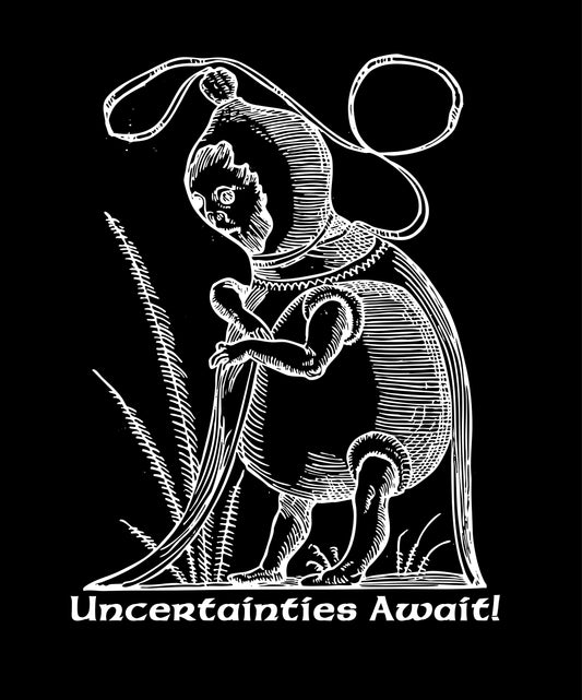 Uncertainties Await graphic tee woodcut art.