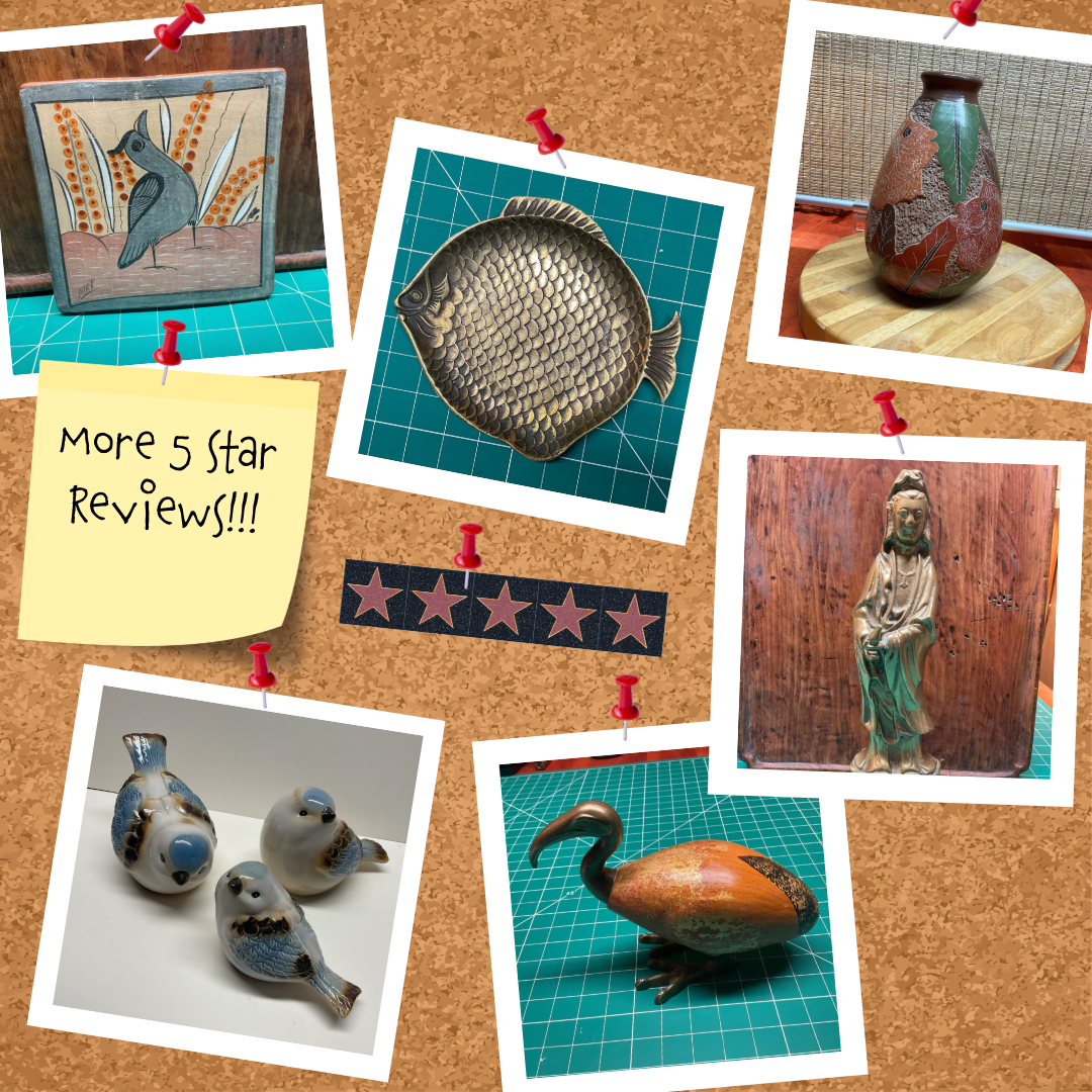 Collage of ceramic items on a cork board with a five-star rating and 'More 5 Star Reviews' note.