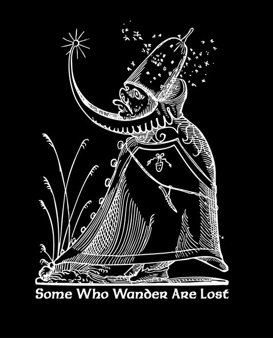 Wandering Lost graphic tee woodcut art.