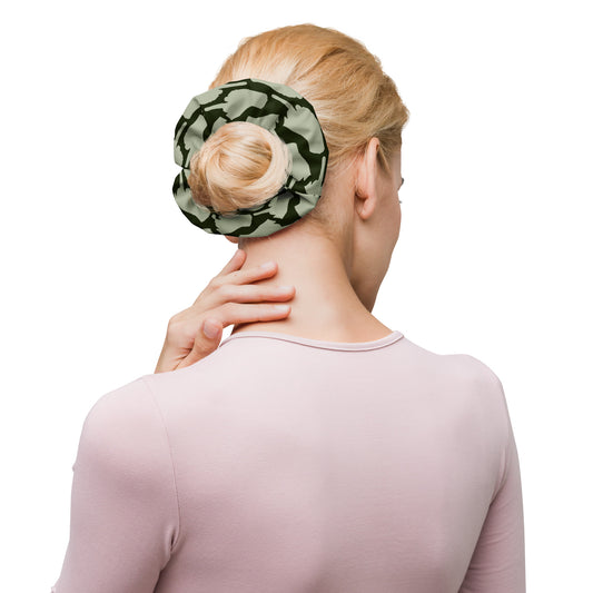Back of head view of our two-tone One Finger Wave scrunchie in olive and avocado green — earthy, expressive hair accessory made from recycled microfiber.