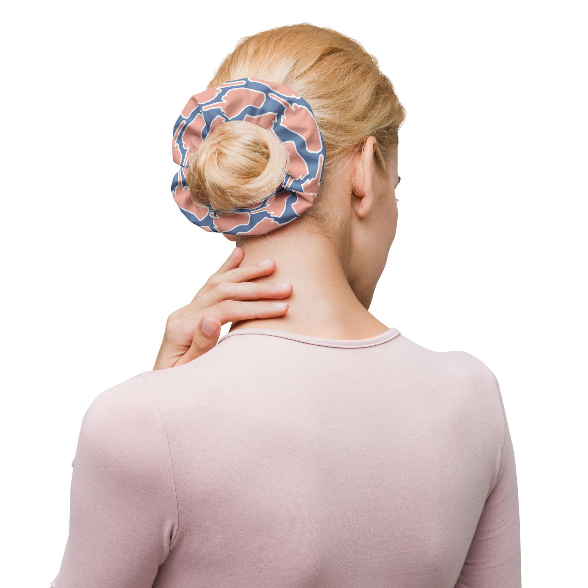 Rear view of dual-toned One Finger Wave scrunchie combining soft salmon and muted steel blue — breathable, stretchy, and stylishly rebellious. By Fox & Thistle Studio.