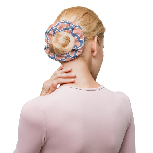 Rear view of dual-toned One Finger Wave scrunchie combining soft salmon and muted steel blue — breathable, stretchy, and stylishly rebellious. By Fox & Thistle Studio.
