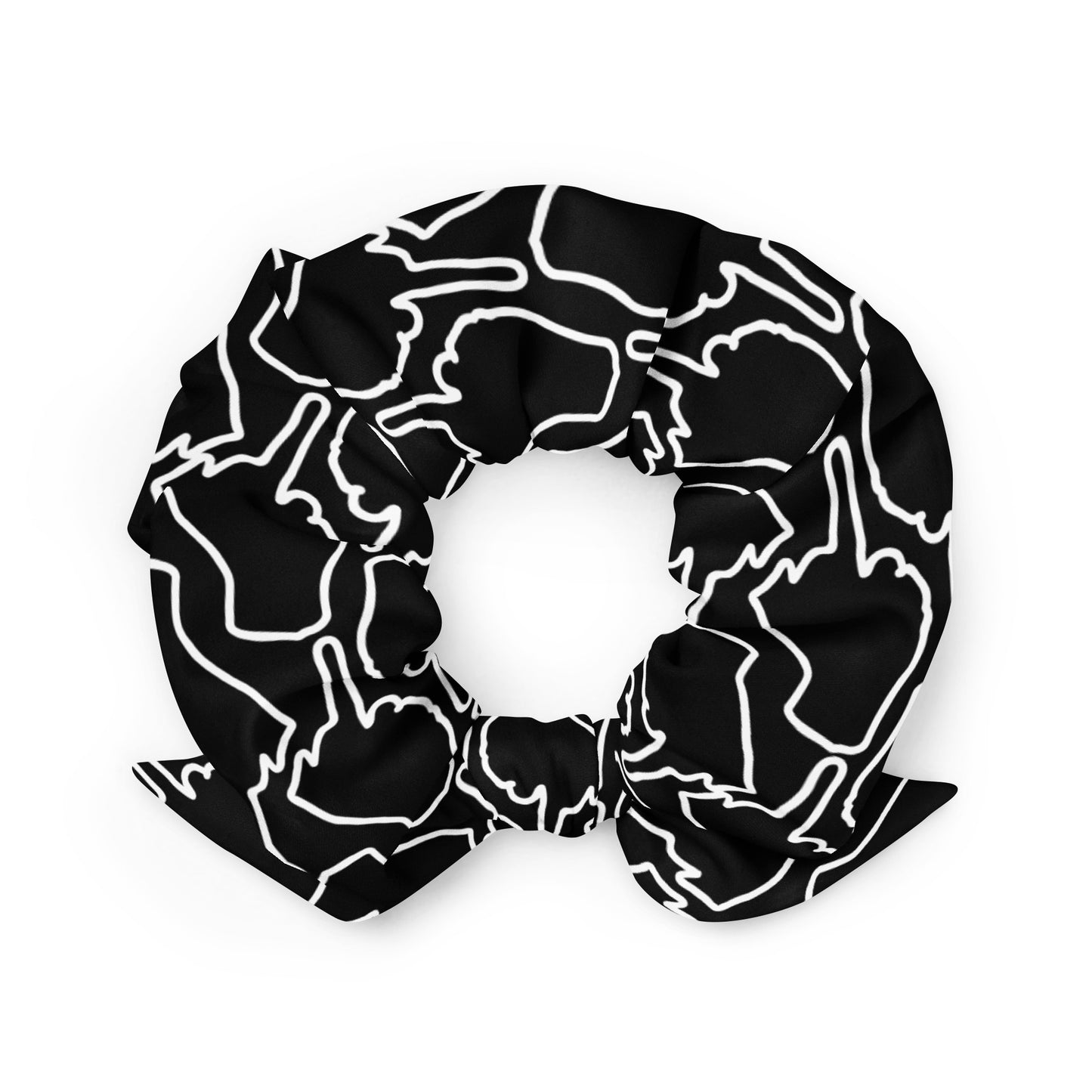 One Finger Wave scrunchie in black with white line art — a bold, cheeky hair accessory made from recycled stretch microfiber.