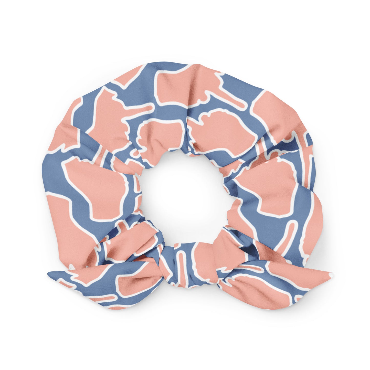 Vibrant salmon and steel blue scrunchie with minimalist gesture print — bold yet refined accessory made from upcycled materials.