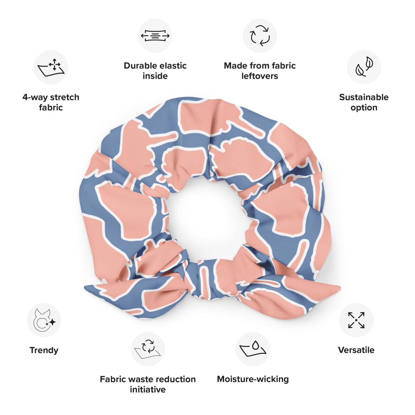 Colorful scrunchie from the One Finger Wave series featuring salmon and steel blue palette — cheeky design with sustainable roots.