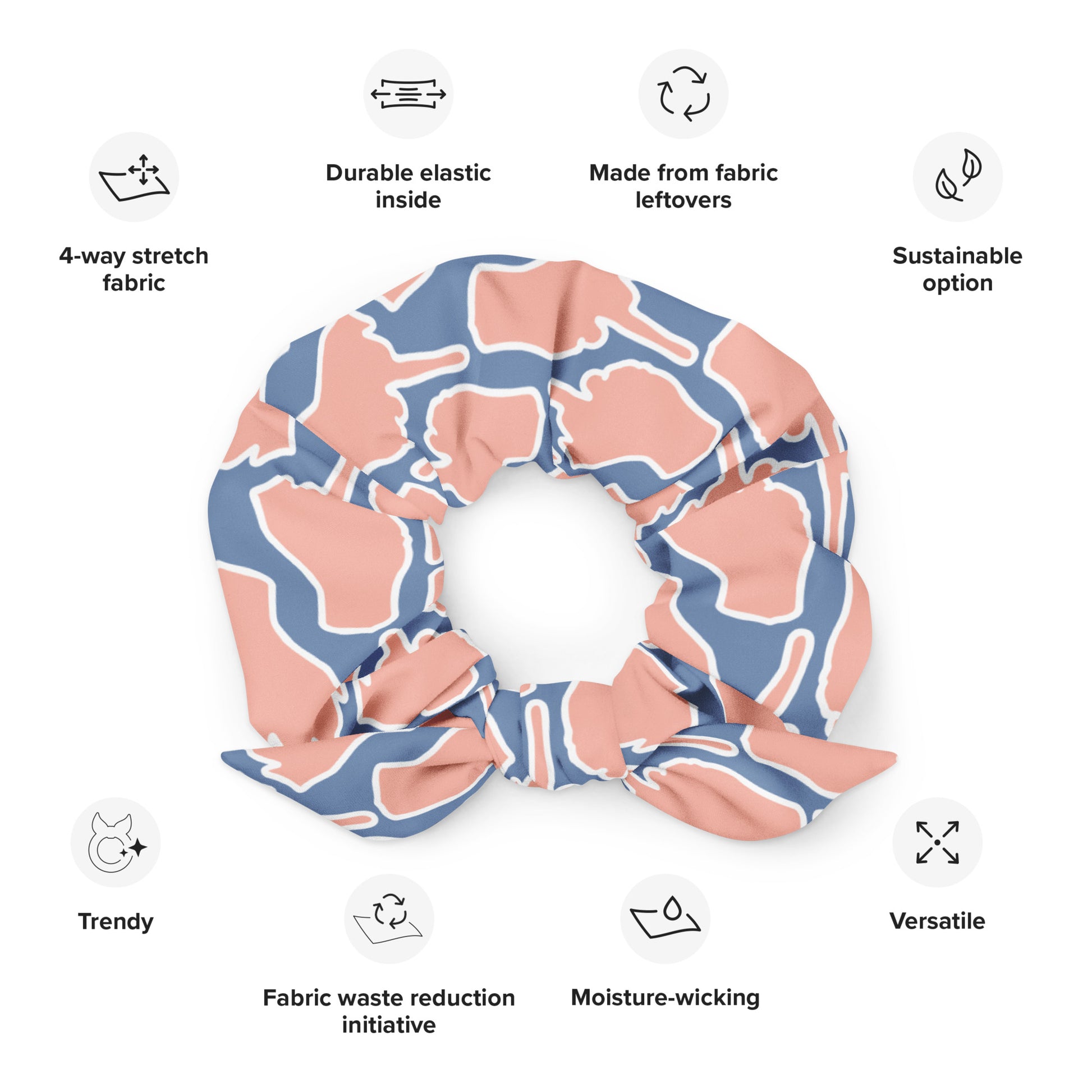 Colorful scrunchie from the One Finger Wave series featuring salmon and steel blue palette — cheeky design with sustainable roots.