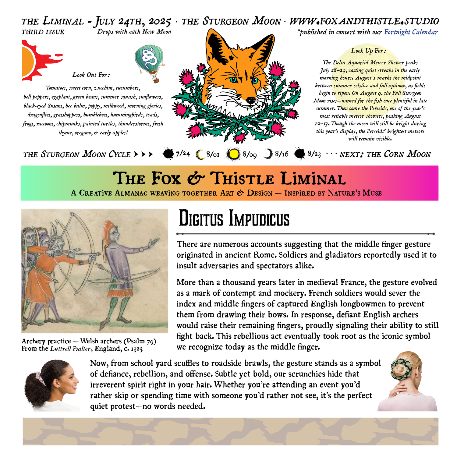 The Fox & Thistle Liminal Sturgeon Moon 2025 Image 1 featuring header with fox illustration, Sturgeon Moon cycle, and Digitus Impudicus section with historical gesture details.