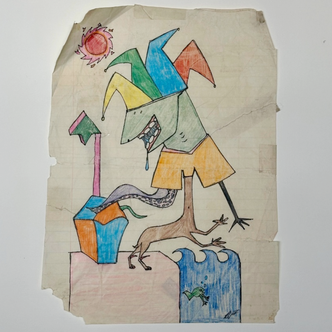 Original colored pencil drawing by Fox & Thistle Studio of ‘The Fool’ archetype on dogeared notebook paper. The whimsical figure wears a multicolored jester hat, has a tentacle for one arm, a doglike lower body, and walks unknowingly off a cliff over water while drooling and looking backward. Featured in the studio blog ‘scatterings…’.