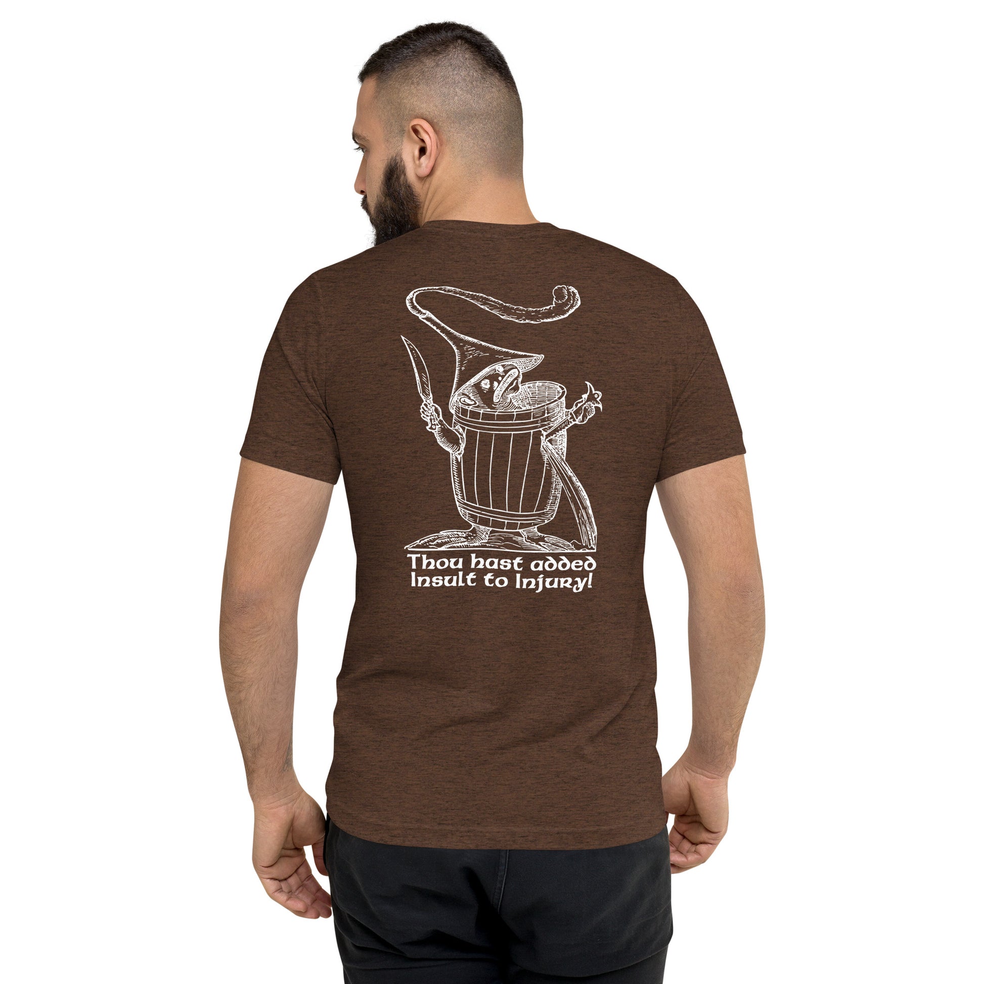 Brown t-shirt displaying Pantagruel’s Dream woodcut graphic with the phrase ‘Thou hast added Insult to Injury!’ in a vintage, medieval-inspired style.