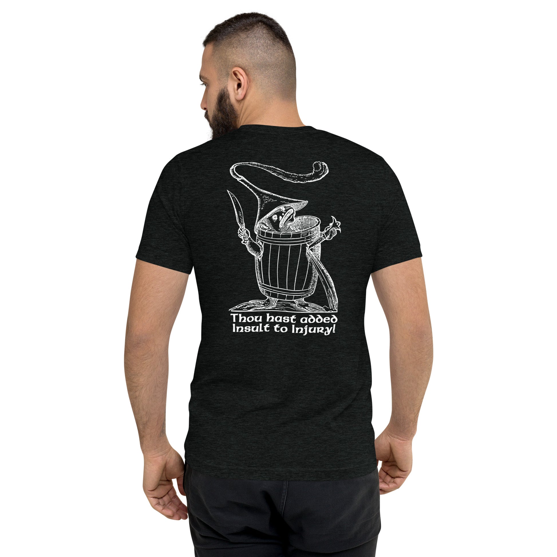 Product Charcoal black t-shirt featuring 16th-century-inspired woodcut graphic from Pantagruel’s Dream with the phrase ‘Thou hast added Insult to Injury!’