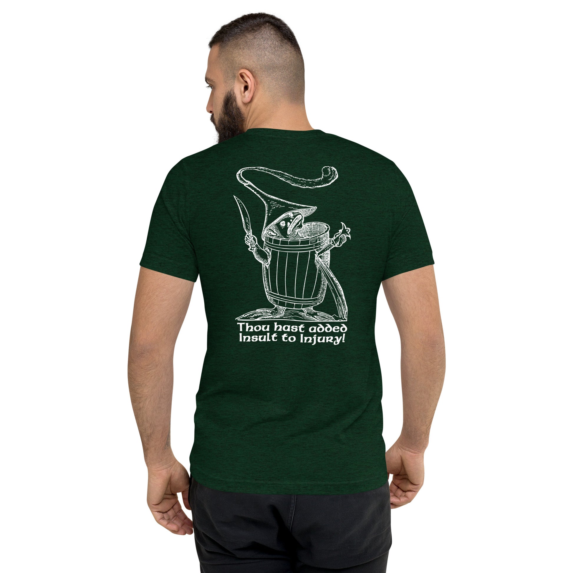 Emerald green t-shirt with 16th-century-inspired Pantagruel’s Dream design, featuring a mischievous creature and the phrase ‘Thou hast added Insult to Injury!’