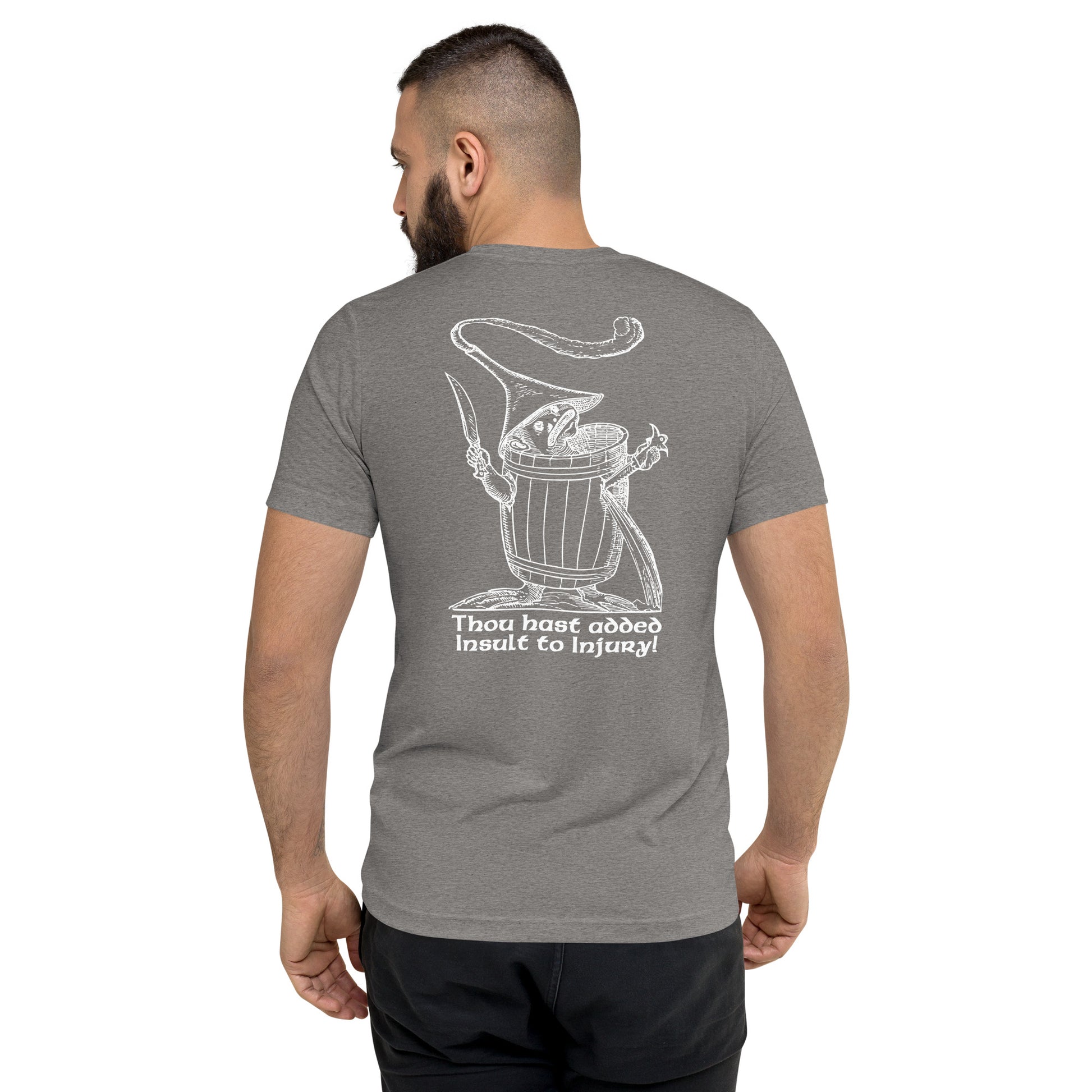 Grey t-shirt with vintage-inspired Pantagruel’s Dream woodcut design and the phrase ‘Thou hast added Insult to Injury!’ in surreal medieval style.