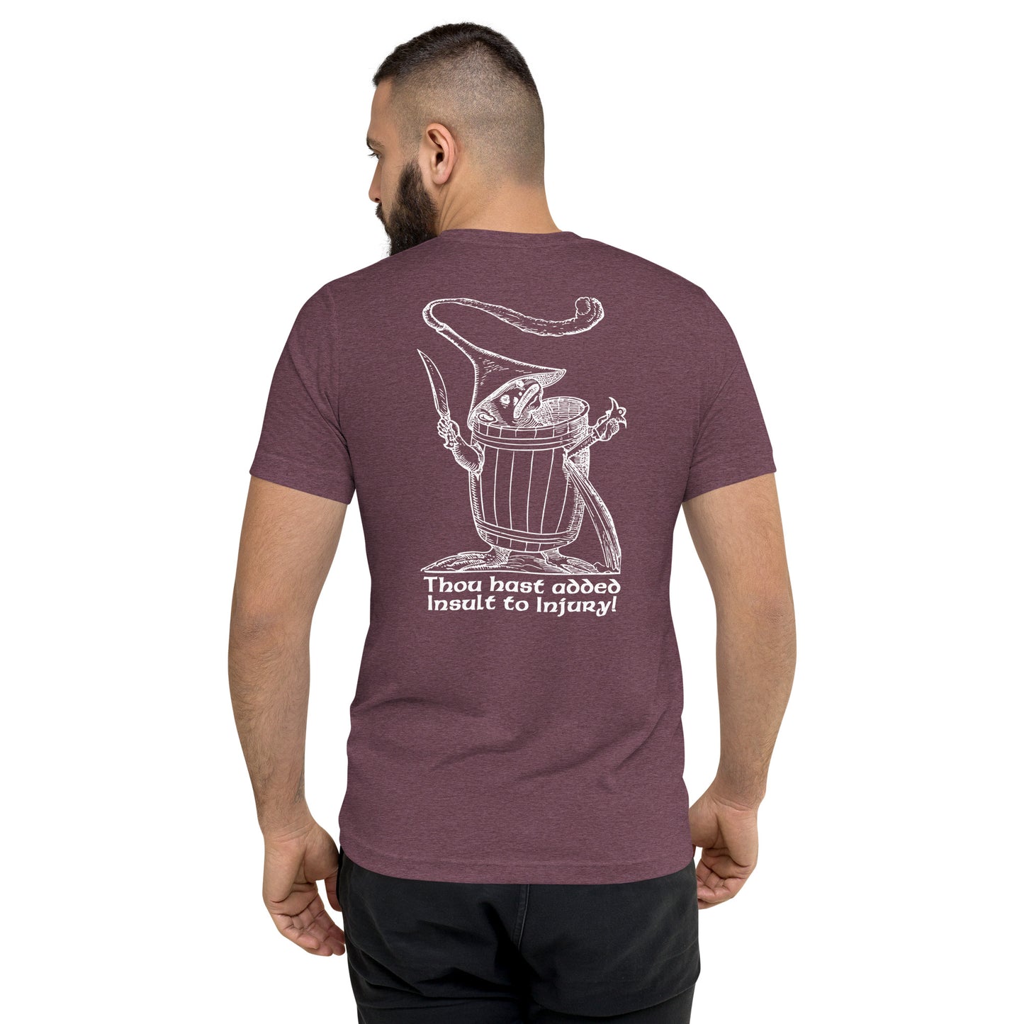 Maroon t-shirt with Pantagruel’s Dream woodcut graphic, featuring the phrase ‘Thou hast added Insult to Injury!’ in a vintage surreal design.